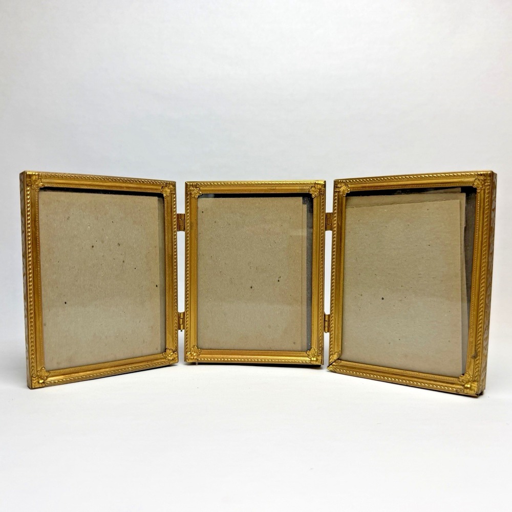 Vintage Trifold Hinged Photo Frame Gold Tone Embossed Metal Floral 2.75" x 3.75"